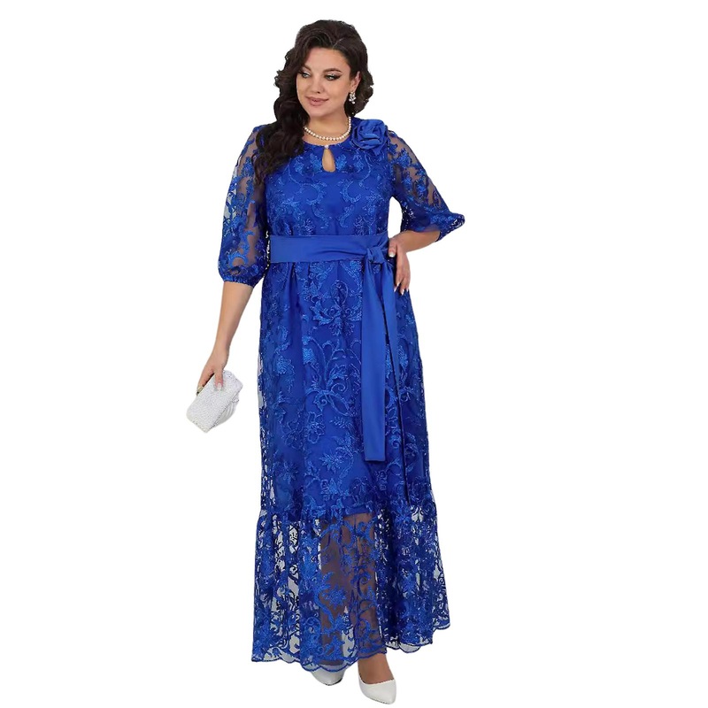 Women Evening Dress Plus Size See-through Lace Hollow Out Double-layered Belted Waist Round Neck Three-quarter Sleeves Embroidery Party Maxi Dress | Fruugo SG