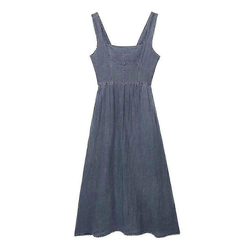 Women Fashion With Straight Neck Linen Midi Dress Vintage Wide Straps Backless Smocked With Zipper Female Dresses Mujer | Fruugo SG