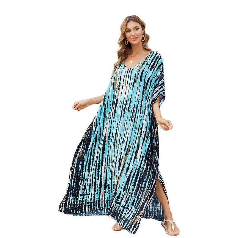 Women Irregular Tie-Dye Striped Beach Dress Sunscreen Swimsuit Cover Up Half Sleeves Split Loose Kaftan Bathing Suit  One Size Blue | Fruugo SG
