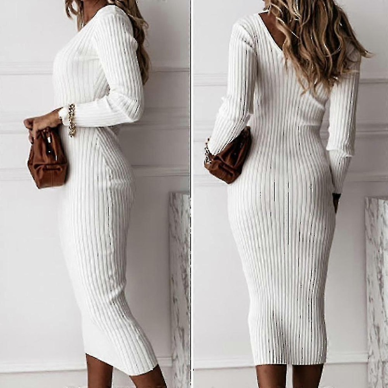 Women Ribbed Knitted V-neck Long Sleeve Bodycon Sweater Stretch Slim Fit Midi Dress-YuJia | Fruugo SG