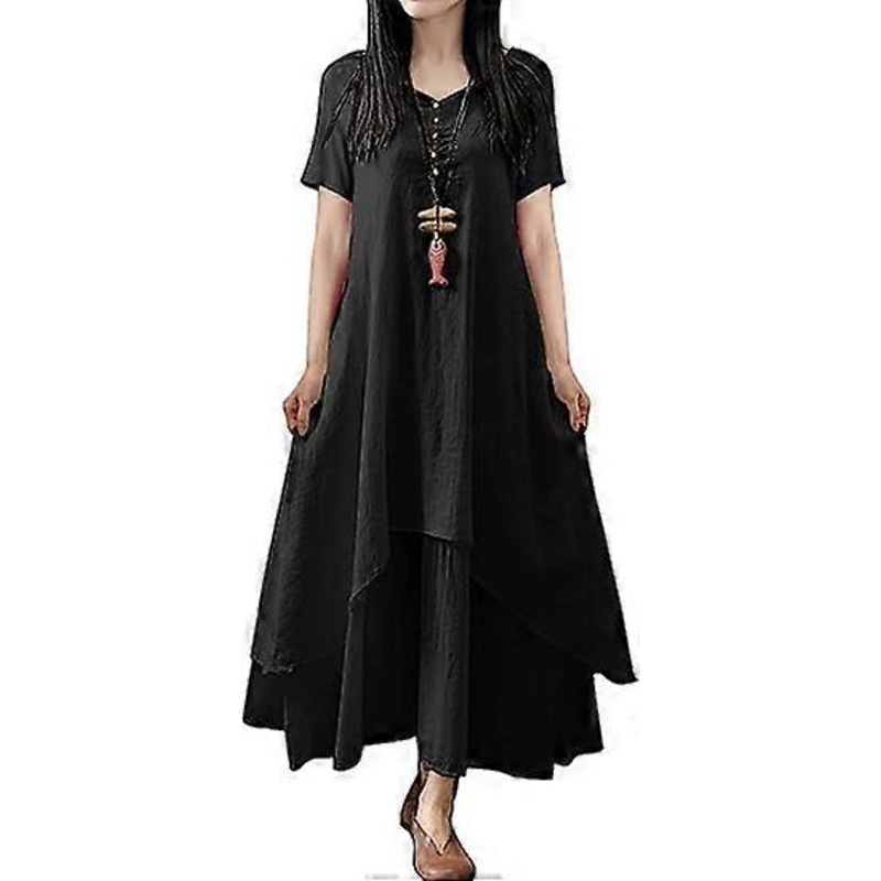 Women’s 2023 Summer Casual Dresses Short Sleeve V Neck Buttoned Decorated Maxi Curved High-Low Hem Shirt Dresses M02 | Fruugo SG