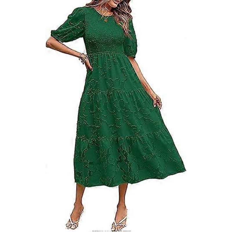 Women’s 2023 Summer Puff Sleeve Smocked Floral Dress Crewneck Lace Midi Dresses Casual Dresses for Women | Fruugo SG