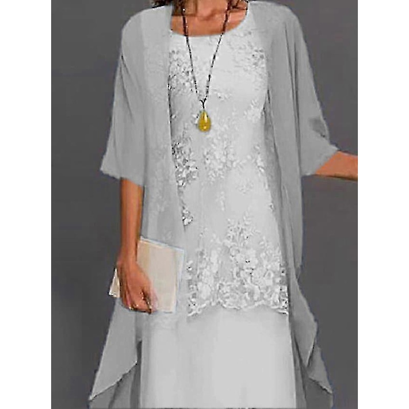 Women’s Dress Set Lace Dress Midi Dress Light Blue Green Gray Half Sleeve Floral Embroidered Layered Patchwork Fall Spring Crew Neck Elegant Chinoiser | Fruugo SG