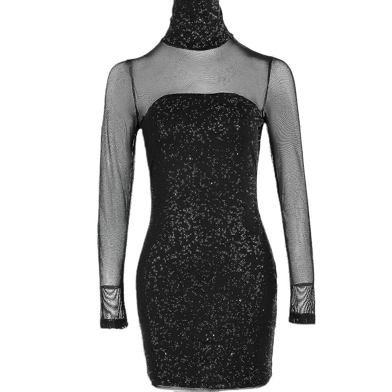 Women’s Glitter Slim Dress High Neck Mesh Contrast Sleeve Elegant Body-con Pencil Dress | Fruugo SG