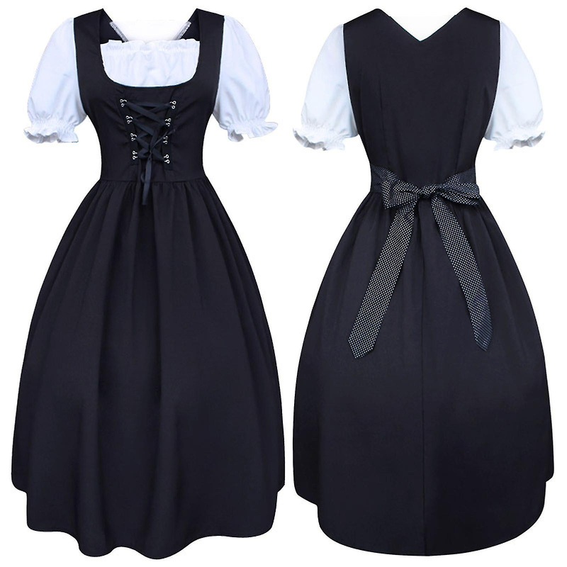 Women’s Midi Dirndl Dress 2-pieces With Apron And Blouse Black White | Fruugo SG