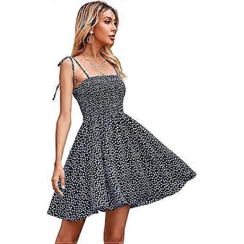 Women’s Polka Dot Tie Shoulder Cami Mini Dress Sleeveless Shirred A Line Skater Flare Dresses | Fruugo SG