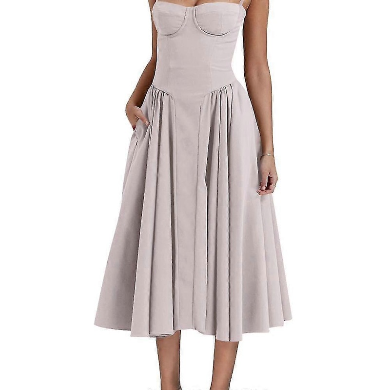 Women’s Spaghetti Strap Pleated Sleeveless Bustier Midi Dress with Pockets -GSL-In Stock | Fruugo SG