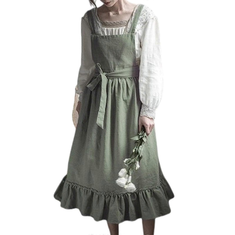 Women’s Vintage Cotton Linen Adjustable Ruffle Apron with Pockets Maid Costume Pinafore Dress for Cooking and Crafting taro purple Washed cotton-Good | Fruugo SG