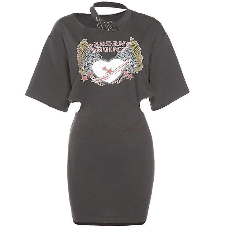 Women Short Sleeve Cutout Irregular O-Neck Bodycon Mini T-Shirt Dress Heart Wing Letters Print Hollow High Waist Skinny Harajuku Streetwear  Dark | Fruugo SG