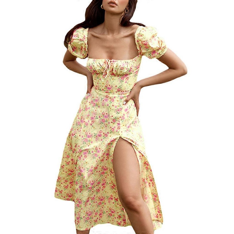 Women Summer Puff Short Sleeve Boho Floral Print Long Dress Sexy Square Neck Lace-Up High Waist Side High Split A-Line Beach Sundress | Fruugo SG