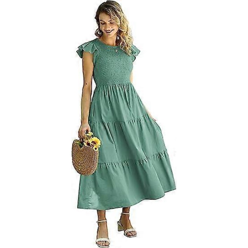 Women Summer Ruffle Cap Sleeve Casual Dress Boho Smocked Bodice Maxi Dress with Pockets E05 | Fruugo SG