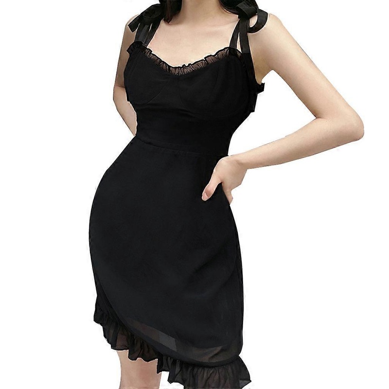 Womens Sleeveless Shoulder Tie Strap Gothic Punk Black Mini Swing Dress Sexy V-Neck Backless Ruffles Trim High Waist A-Line Flare Hem Summer | Fruugo SG