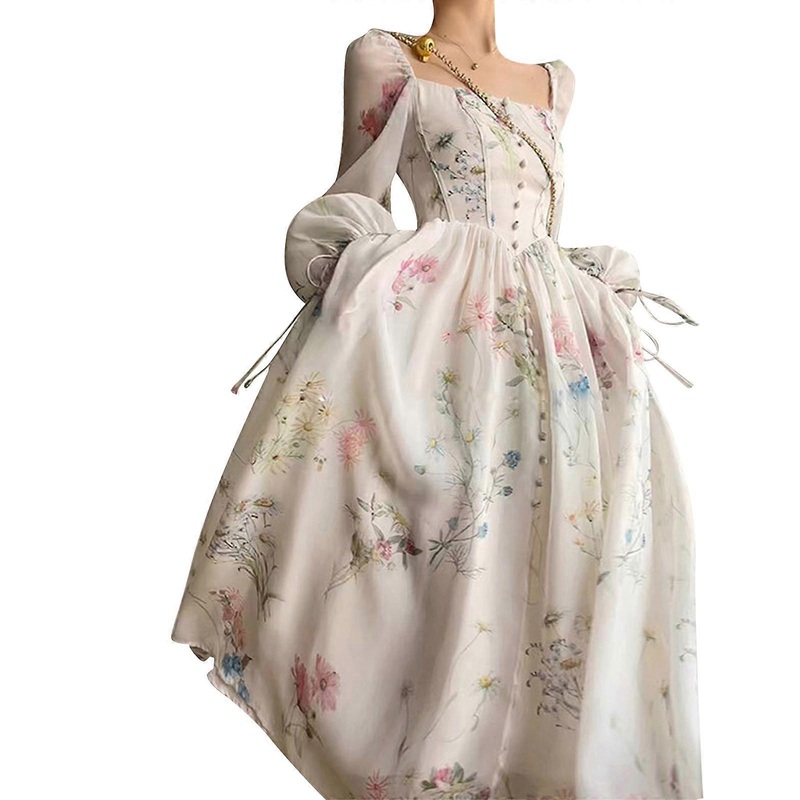 2023 New Women Floral Pattern Ruffle Dress Puff Long Sleeve Square Neck Cuff Strap Dress Vintage Style For Evening Party  S | Fruugo SG