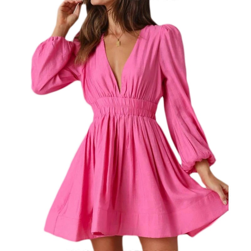 ALine Sundresses For Women Babydoll Dress Mini Deep V-neck Dress Long Sleeve Dress Summer Casual Dress Summer Dress  Gouache M | Fruugo SG