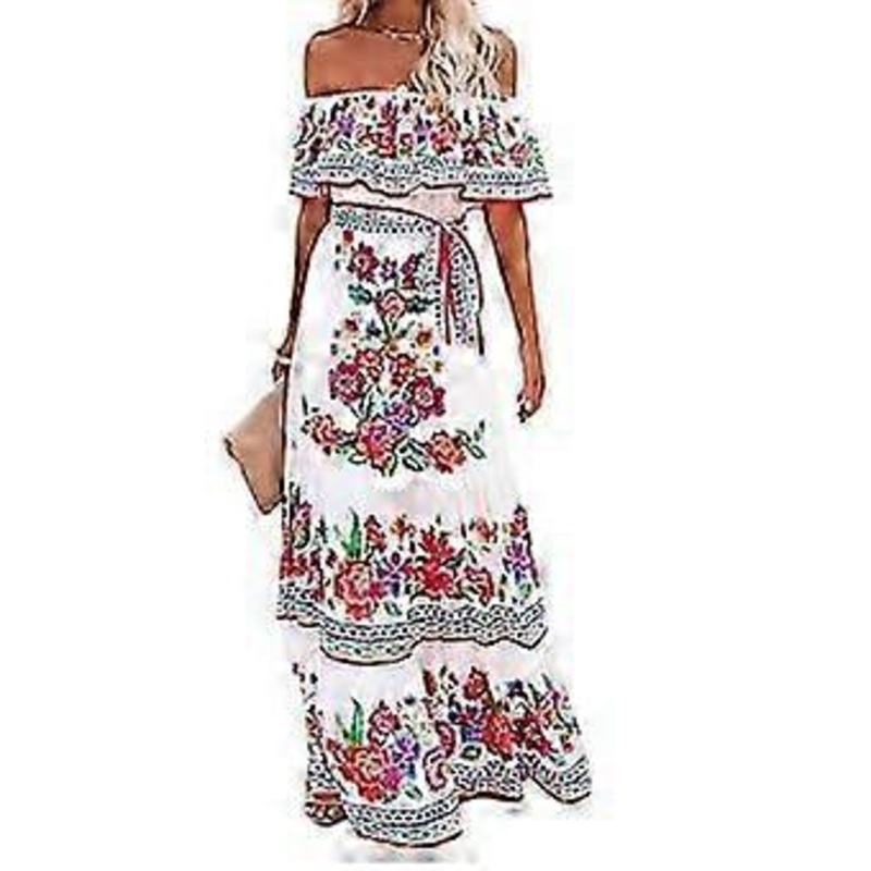 Boho Dress Long Off Shoulder Summer Dress Women Flowers Carmen Neckline Beach Dress Elegant Long Airy Summer Dresses | Fruugo SG