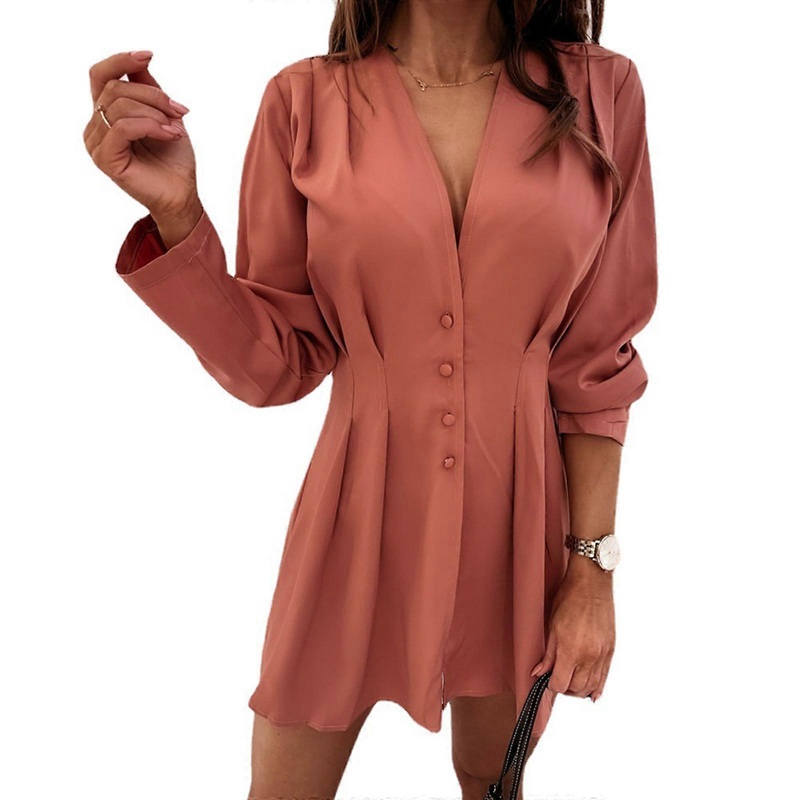Breathable and Chic Ladies’ V Neck Buttoned Long Sleeve Dress Solid Color Perfect for Daily Casual and Office Wear  orange XS | Fruugo SG