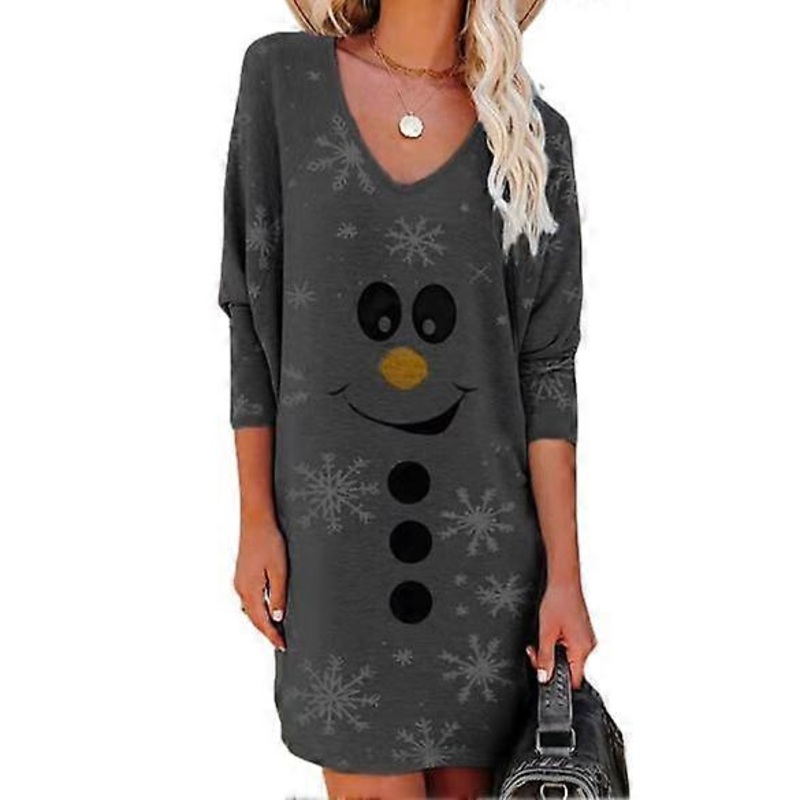 Christmas Snowflake Printed V Neck Dress Women Xmas Snowman Long Sleeve Winter Mini Dresses | Fruugo SG