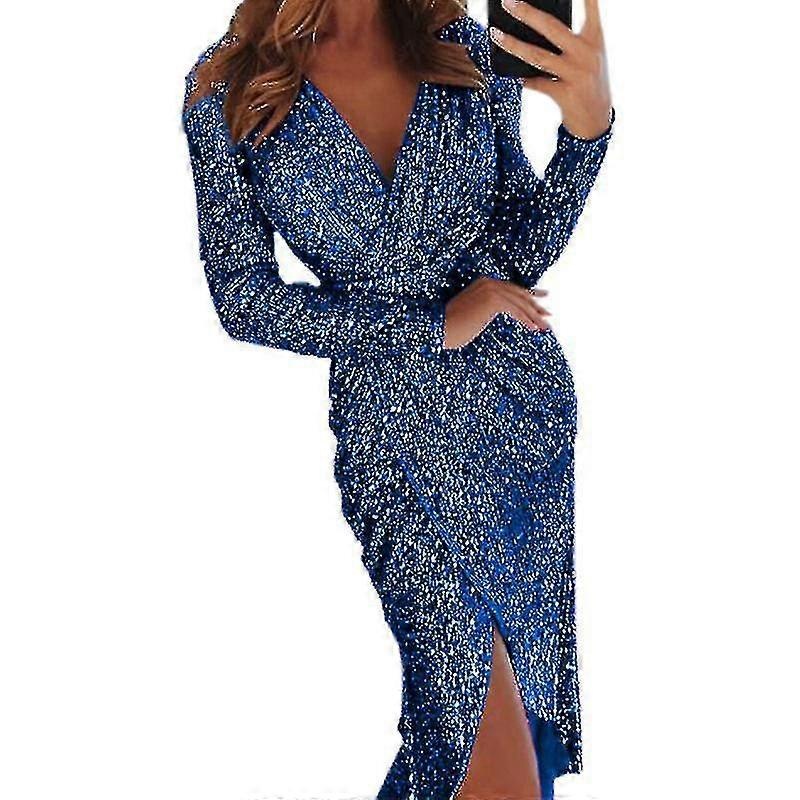 Deep V Neck Sequin Dress With Slit Long Sleeve Nightclub Party Evening Dress For Women Lady | Fruugo SG