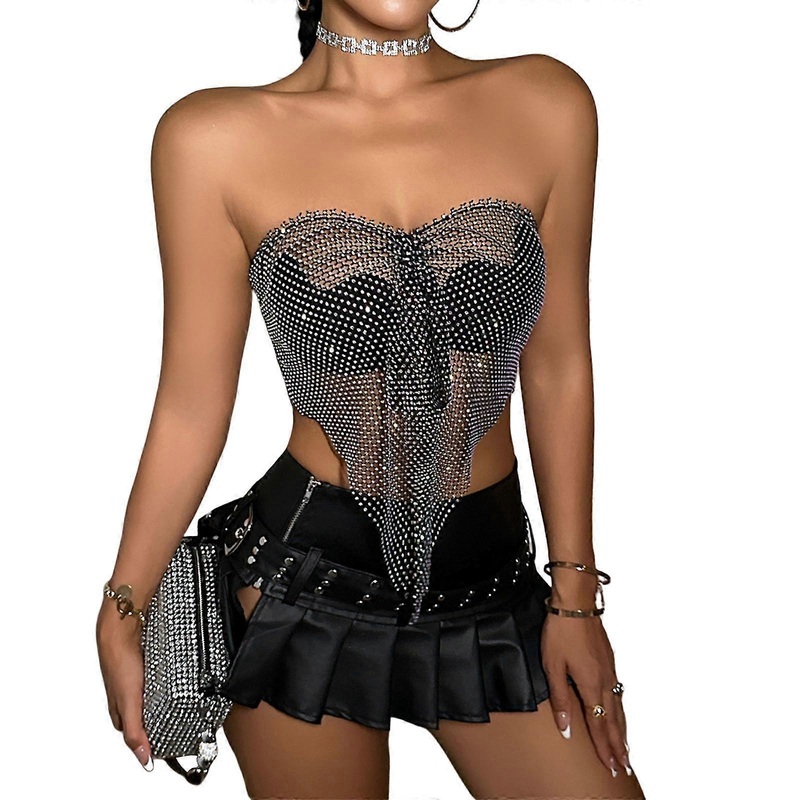 Elegant Ladies Fishnet Bandeau with Stylish Lace Up Fashionable Clubwear Sleeveless Camisole Crop Top  Black S | Fruugo SG