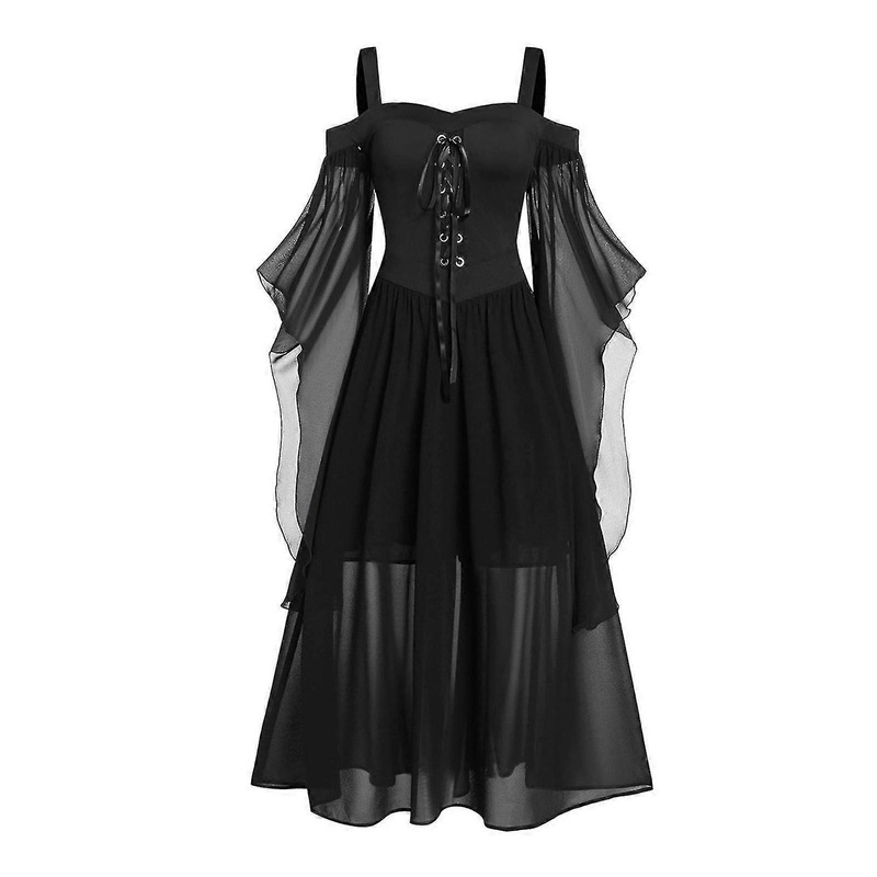 Halloween Trumpet Sleeve Witch Suspender Dress Simple One-line Neckline Cosplay Dress | Fruugo SG