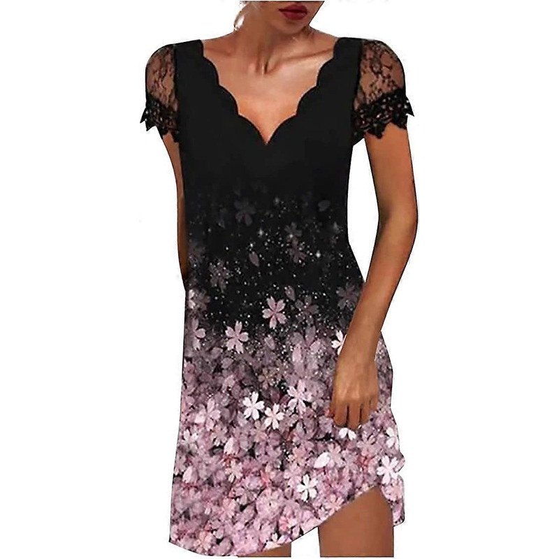 Ladies Printed Wave V Neck Lace Short Sleeve Dress | Fruugo SG