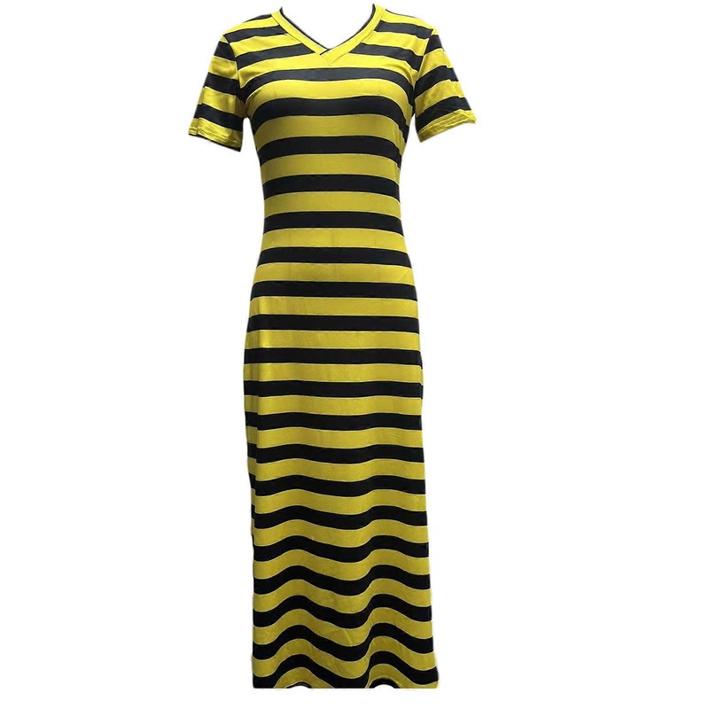 Ladies Striped V-neck Dress Sexy Side Split Dress Women Casual Long Dress Short Sleeves Dress Summer-Beach Holiday Dress  Yellow XL | Fruugo SG