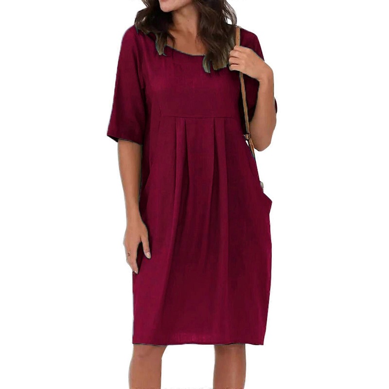 Loose Short Sleeves Pleated Dress for Women Casual Summer Dress Solid Color Dress Fashion Crew Neck Dress Holiday Dress  Burgundy XL | Fruugo SG