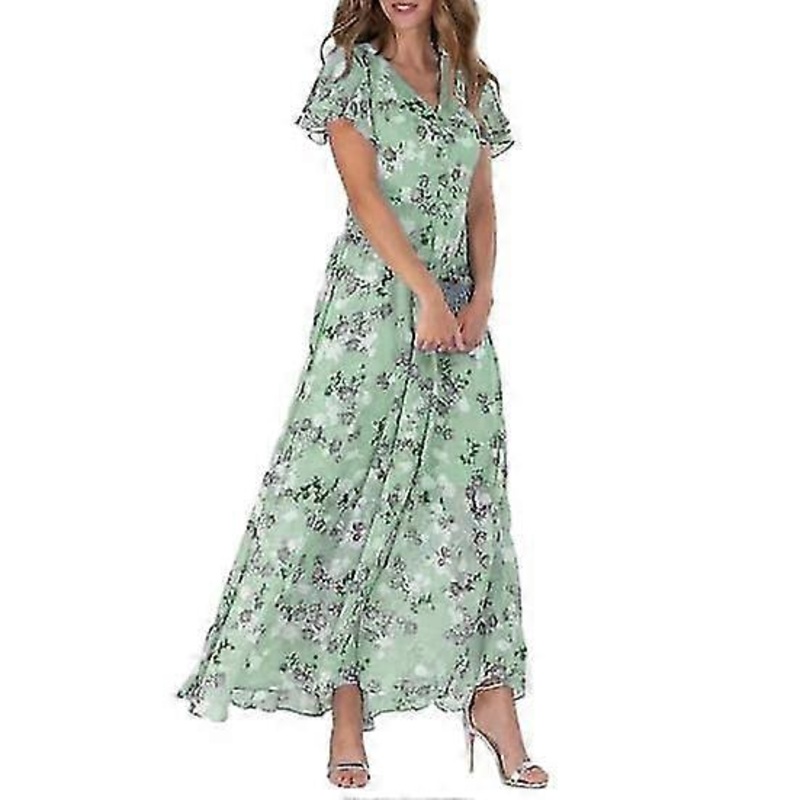 Maxi Dress Ruffle Short Sleeve Dressing Up Soft Charming Women Floral Print Casual Dress Streetwear-Good | Fruugo SG