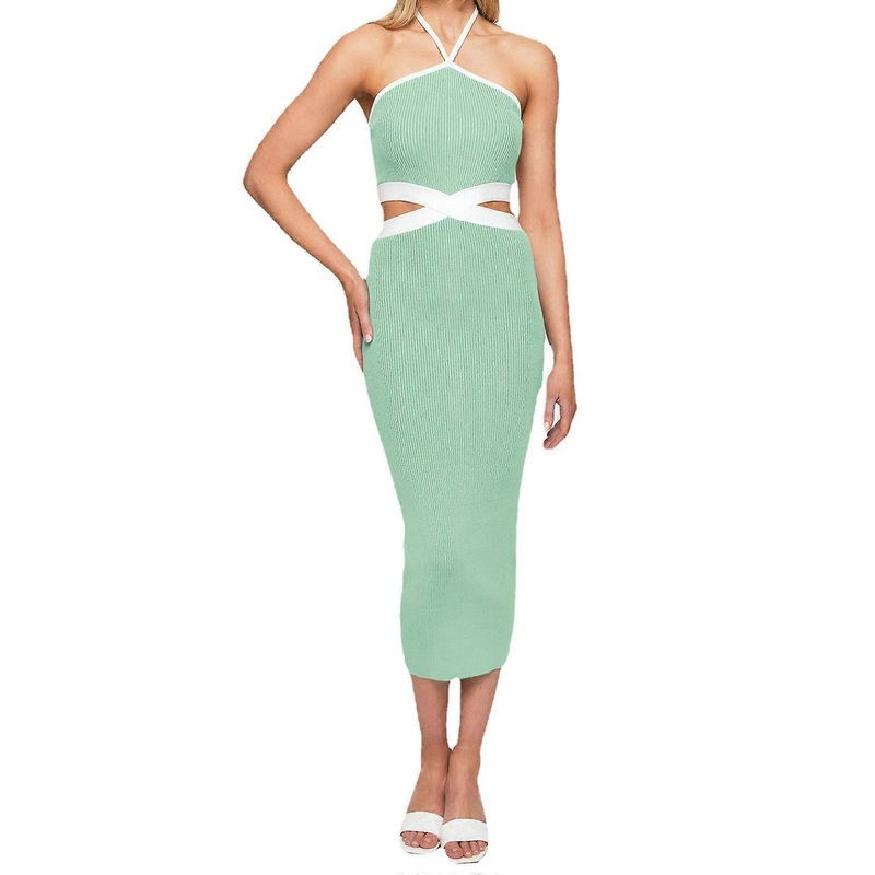Sexy Backless Ribbed Dress Waist Cutout Sleeveless Halter Neck Fashionable Bodycon Party Dresses  tender green XL | Fruugo SG