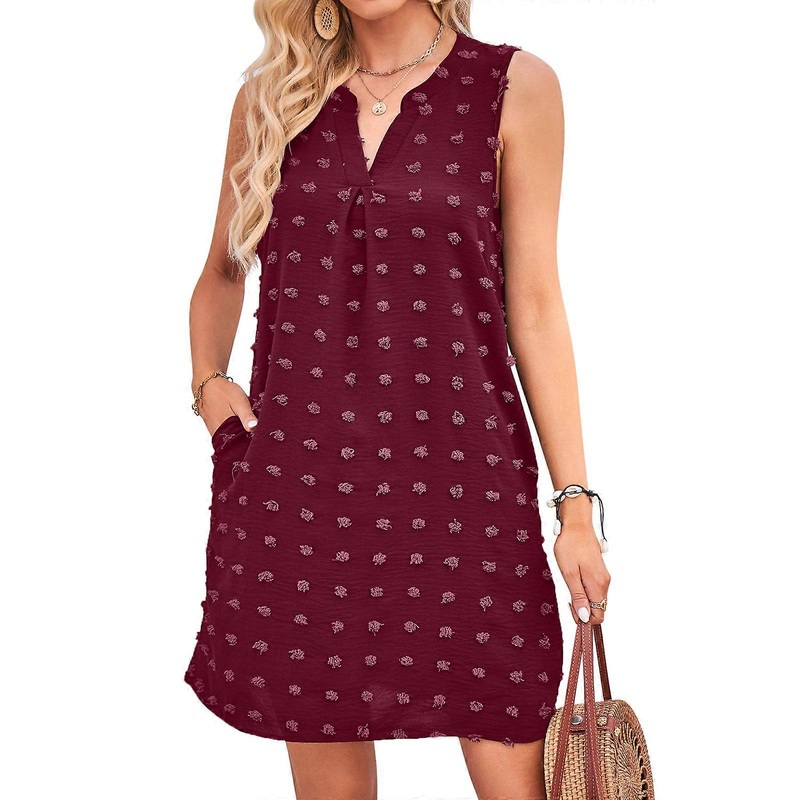 Sleeveless Swiss-Polka Dot Dress for Womens Summer Casual Loose Tshirt Dress with Pockets Sexy V-neck Tank Sundress  Burgundy XL | Fruugo SG