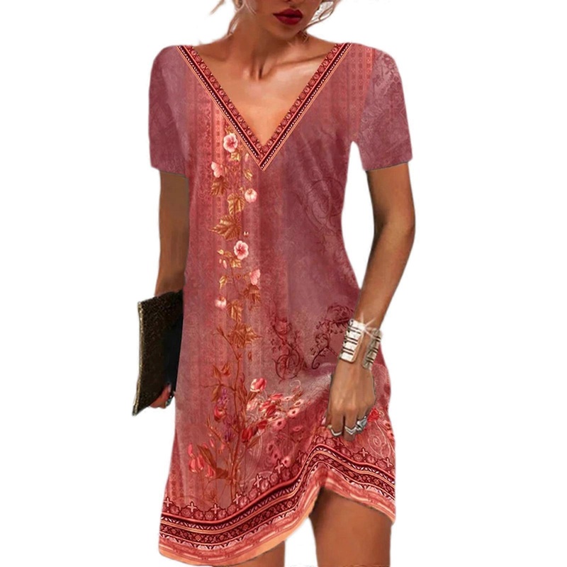 Stylish Ethnic Style Casual Dress for Women Spring Summer Dress Fashion V-Neck Holiday Dress Girl Printed Resort Dress  Red XL | Fruugo SG