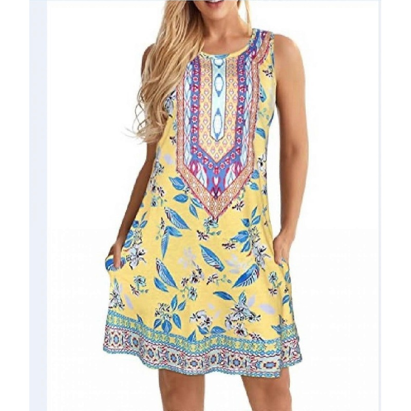 Summer Dresses For Women Beach Boho Sleeveless Vintage Floral Flowy Pocket  Dresses —–Yellow Size L | Fruugo SG