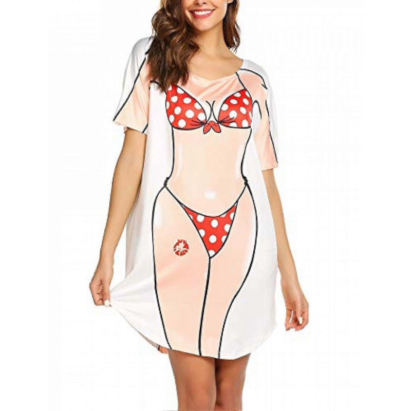 Wekity Women’s Bikini Shirt Cover Up Short Sleeve Cute Bikini Print Cover-up Baggy T Shirt Dress Fun Wear, Red, L-Good | Fruugo SG