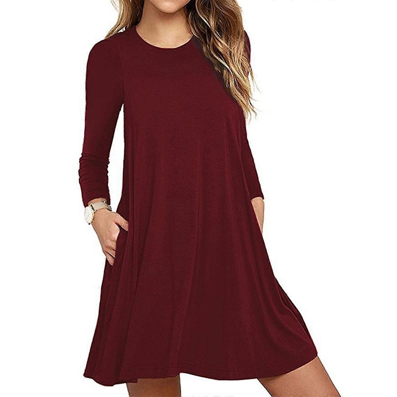 Women Autumn Long Sleeve Pockets Casual Swing Midi T-Shirt Dress Simple Plain Solid Color Crew Neck Pleated Flowy Hem Loose Tunic Tops Sundress  | Fruugo SG
