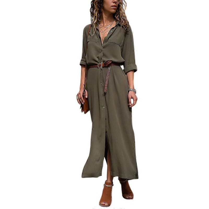 Women Button Down Collar Roll Up Sleeve Casual Long Maxi Shirt Dress Split Solid  Green | Fruugo SG