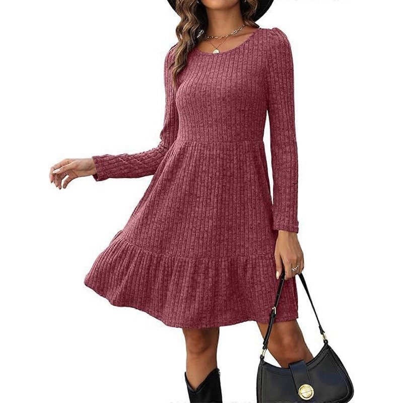 Women Casual Round Neck Ribbed Knit Long Sleeve Midi Dress Solid Color High Waist A-Line Ruffle Swing Sweater Dresses  Burgundy XL | Fruugo SG