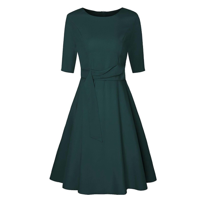 Women Elegance Round Neck 3/4 Sleeve Swing Midi Dress Flowy Belted Pleated A Line Dresses Casual Fall Long Dress Gift  Green XL | Fruugo SG
