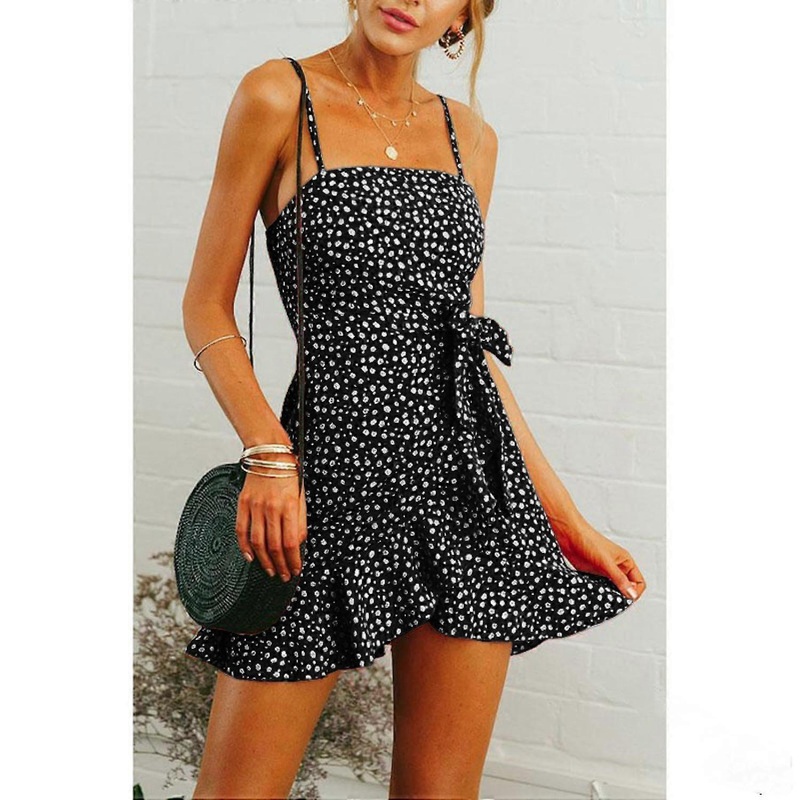 Women Floral Ruffle Wrap Tie Knot Summer Cami Fishtail Sundress  Sexy Suspender Skirt  Floral Ruffled Lace-up Dress —– BlackSize 5XL | Fruugo SG