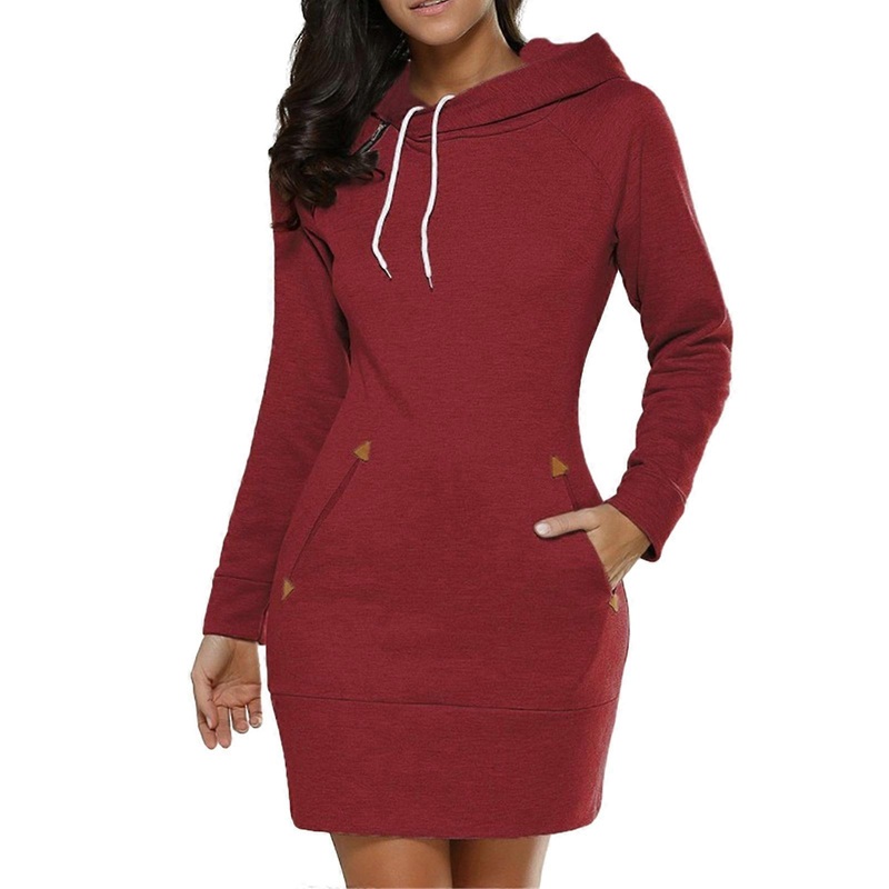 Women Hoodies Dress Solid Color Side Zip Neckline Long Sleeve Sweatshirt Slim Fit Knee Length Midi Dresses with Pockets  Red XL | Fruugo SG
