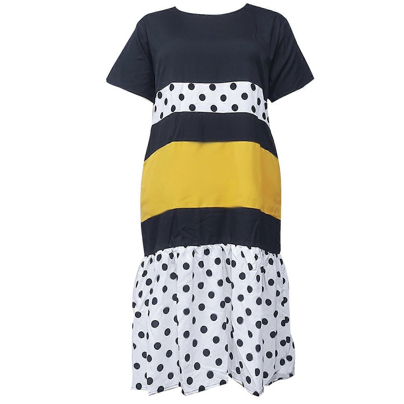 Women Plus Size Short Sleeve Round Neck Midi Swing Dress Contrast Color Polka Dot Printed Ruffles Hem Loose Sundress  Black XL | Fruugo SG