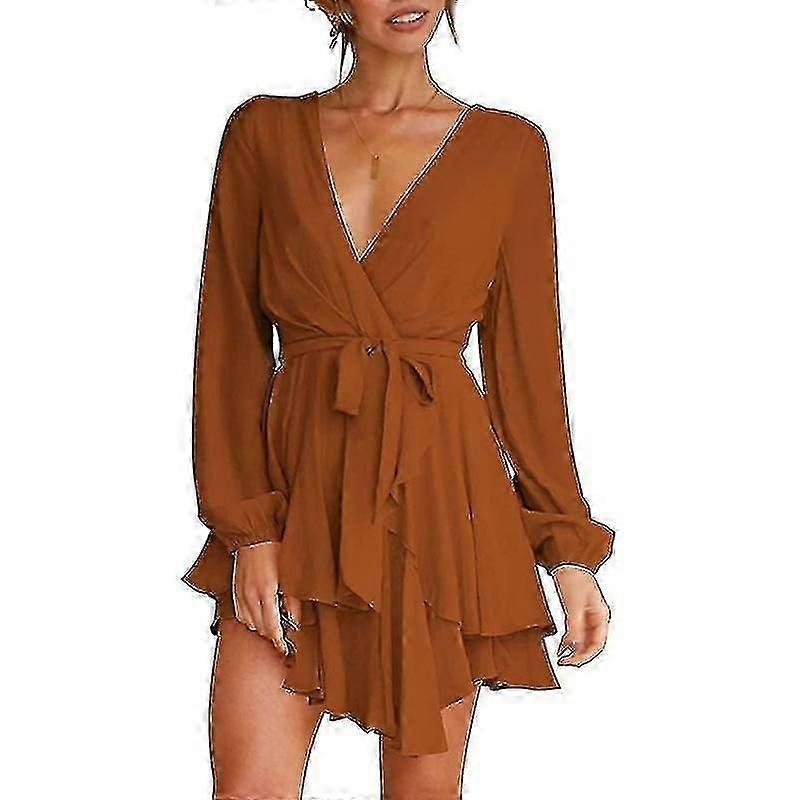 Women’s Dress Deep V-neck Long Sleeve Waist Dresses | Fruugo SG