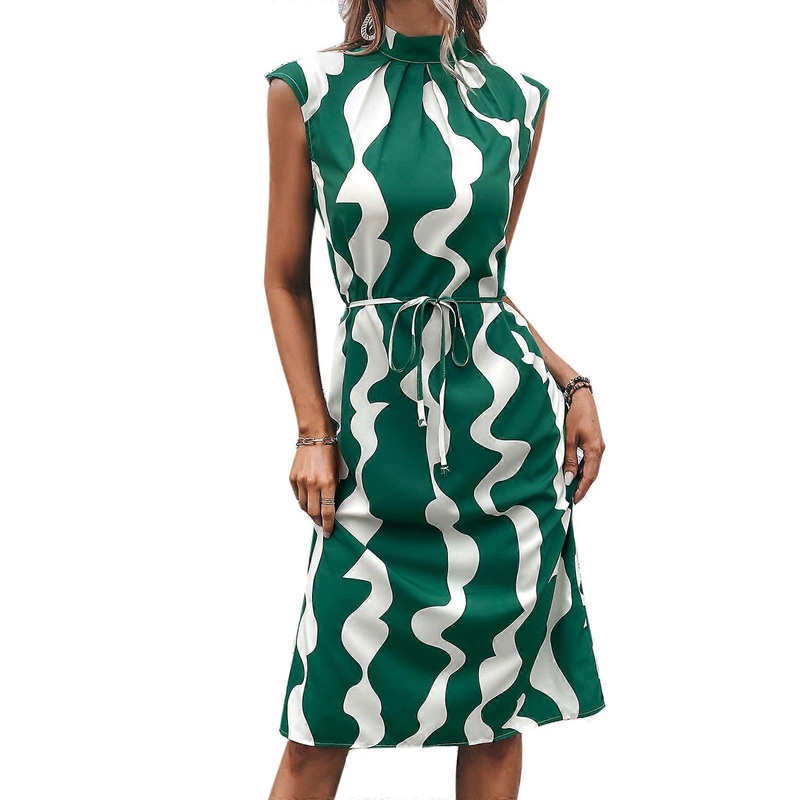 Women’s Dress with Irregular Print and Sleeveless Tank Dress Mock Neck A-line Midi Dresses  Green XL | Fruugo SG