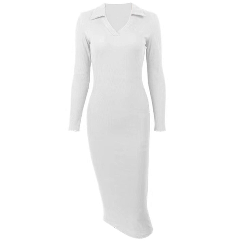 Women’s Lapel V Neck Long Sleeve Sweater Dress Elegant Bodycon Maxi Dress Fall Ribbed Knit Long Dress Sexy Pencil Dress  White S | Fruugo SG