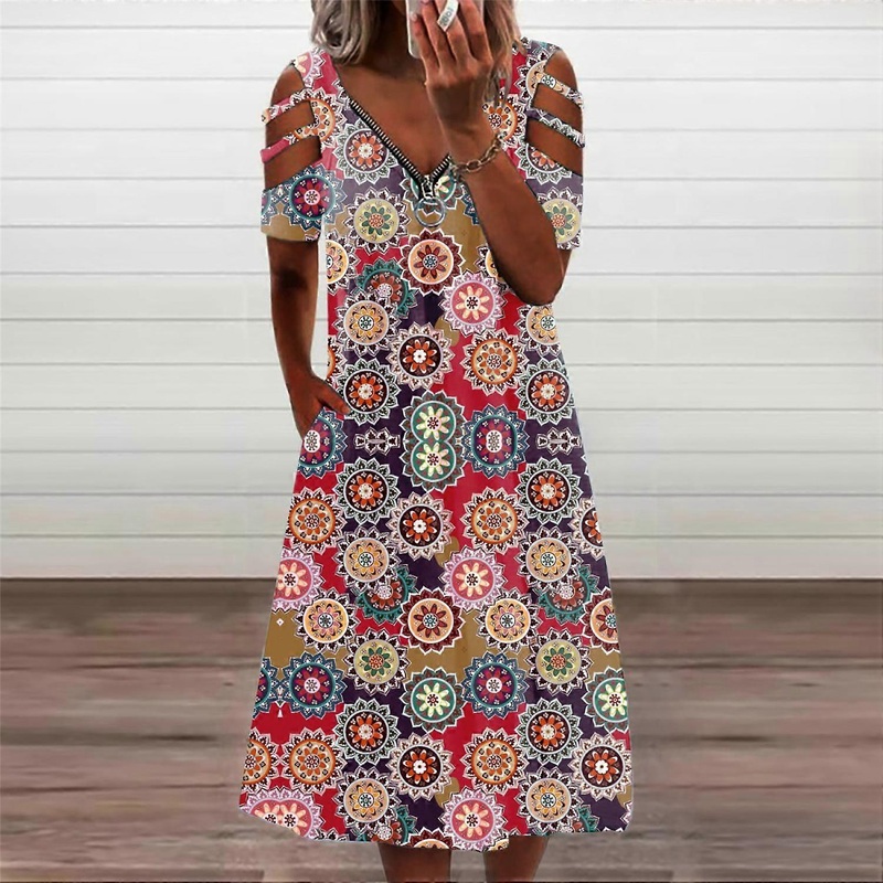 Women’s Summer Floral Print Cross V Neck Dress Bohemian Flowy Long Maxi Dresses, Red (2XL) | Fruugo SG