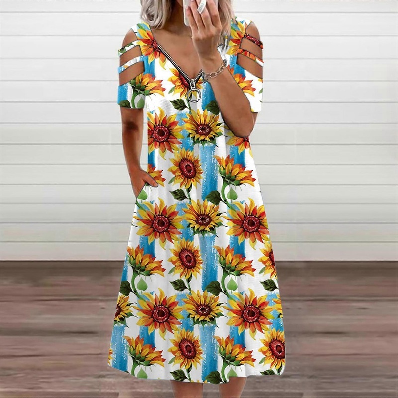 Women’s Summer Floral Print Cross V Neck Dress Bohemian Flowy Long Maxi Dresses, Sunflower (L) | Fruugo SG