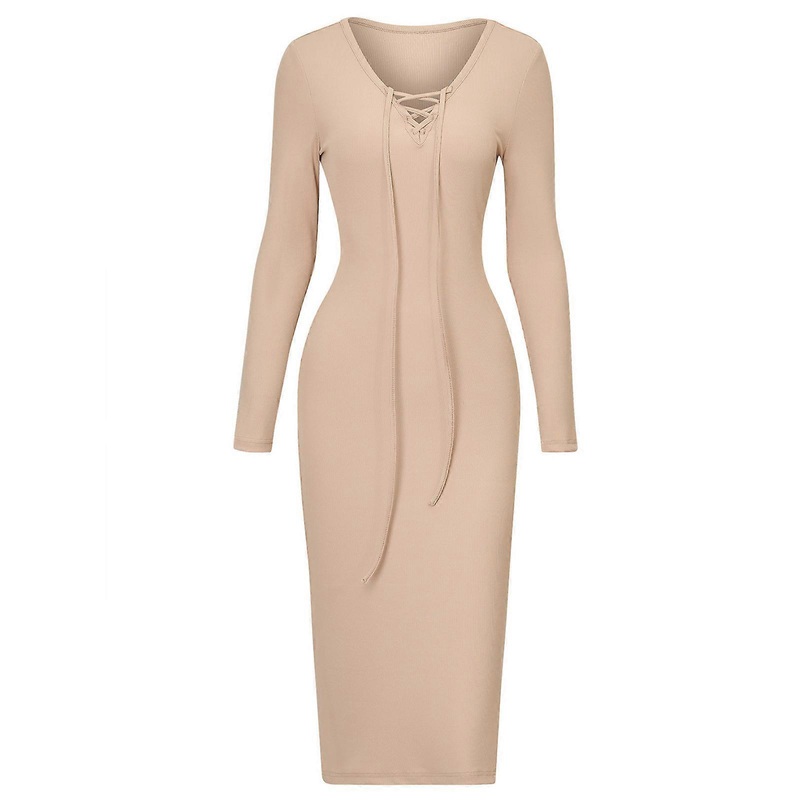 Women’s Tieback V Neck Fall Sweater Midi Dress Casual Long Sleeve Ribbed Knitted Bodycon Split Dress Sexy Party Dresses  dark apricot L | Fruugo SG