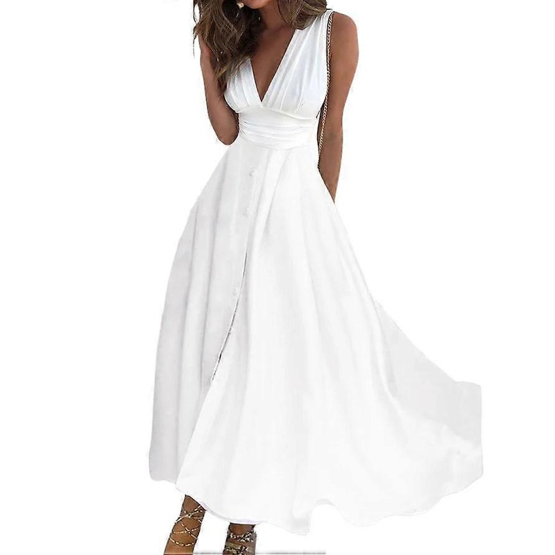 Women’s V-neck Wrap Dress Long Skirt Fashion Off-the-shoulder Nipped-in Waist Pleated Dress Slim Fit Buttoned Maxi Skirt | Fruugo SG