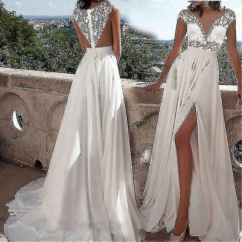 Women’s Wedding Dress Lace V-neck Evening Bridal Gown Beach -white | Fruugo SG