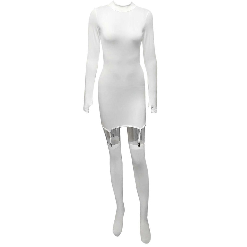 Women Sexy Bodycon Dress Long Sleeves High Collar Bodycon Short Dresses Leg Length Suspenders Sock for Parties Club  White L | Fruugo SG