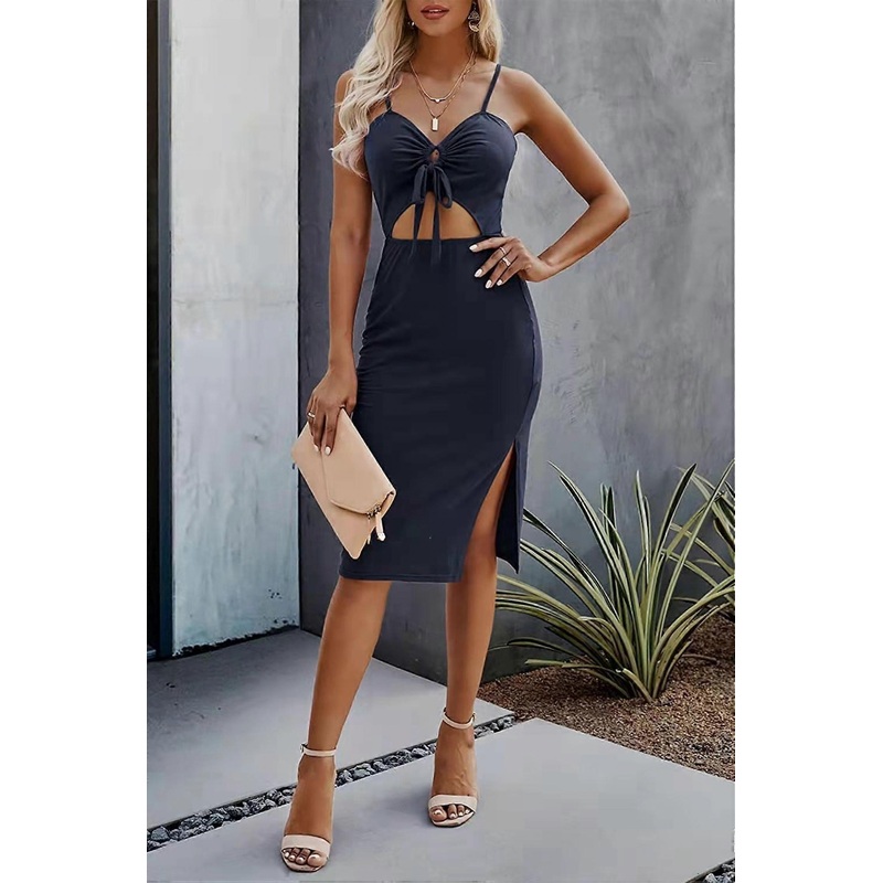 Women Sexy Cotton Strap Deep V Neck Outfits Dress Solid Color Crop Top High Split Maxi Dresses, Blue (3XL) | Fruugo SG